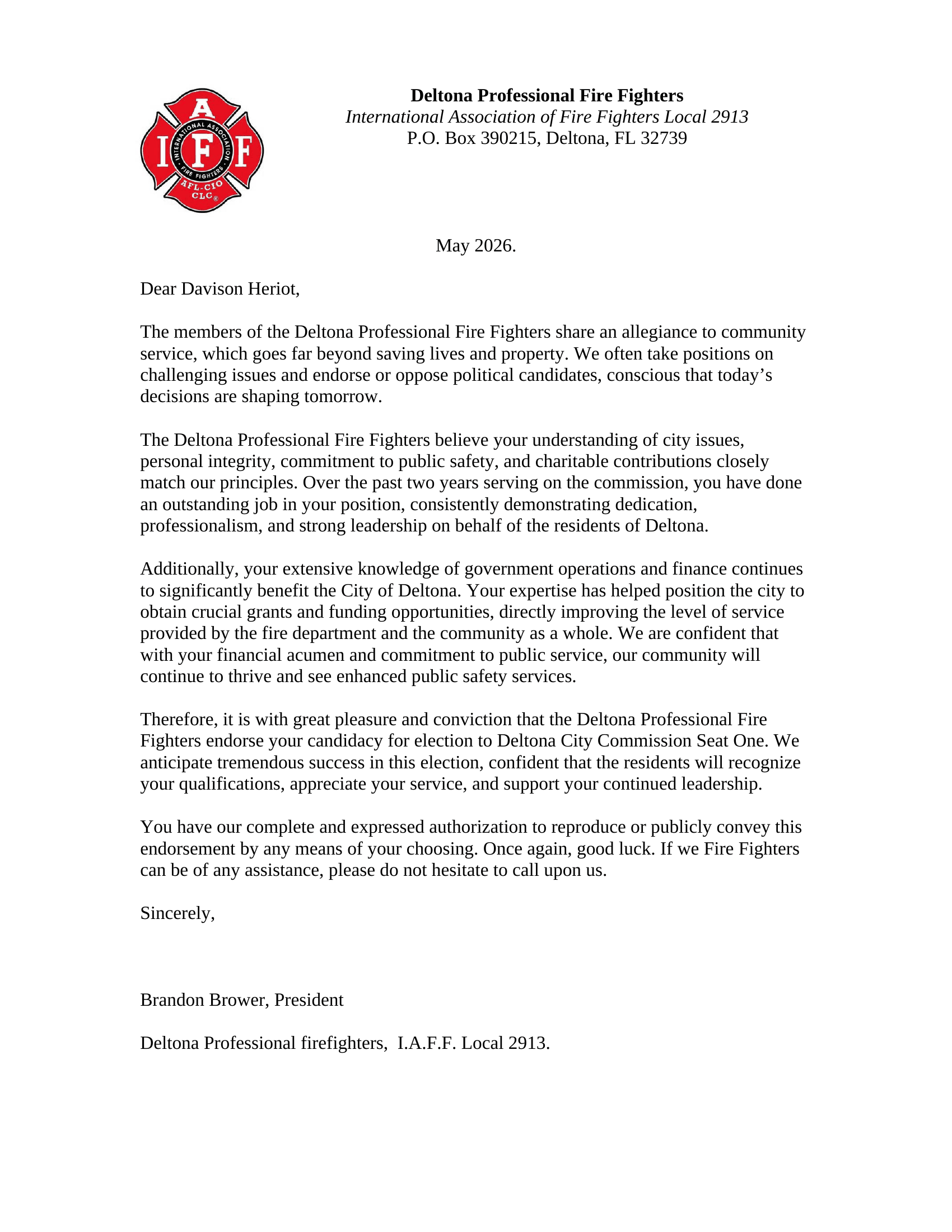 Full-size endorsement letter from the Deltona Professional Fire Fighters, IAFF Local 2913